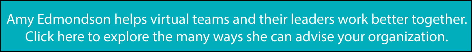 Amy Edmondson helps virtual teams and their leaders work better together. Click here to explore the many ways she can advise your organization.