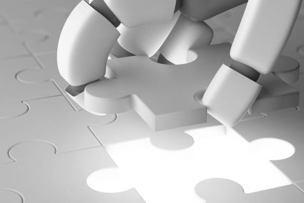 Robot hand putting the last piece of jigsaw puzzle to complete work in business concept and artificial intelligence in futuristic digital technology concept. 3d illustration